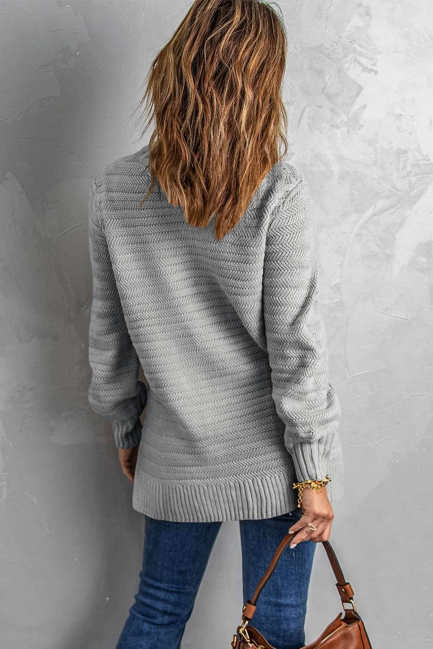 Gray Solid Color Stand Collar Textured Sweater