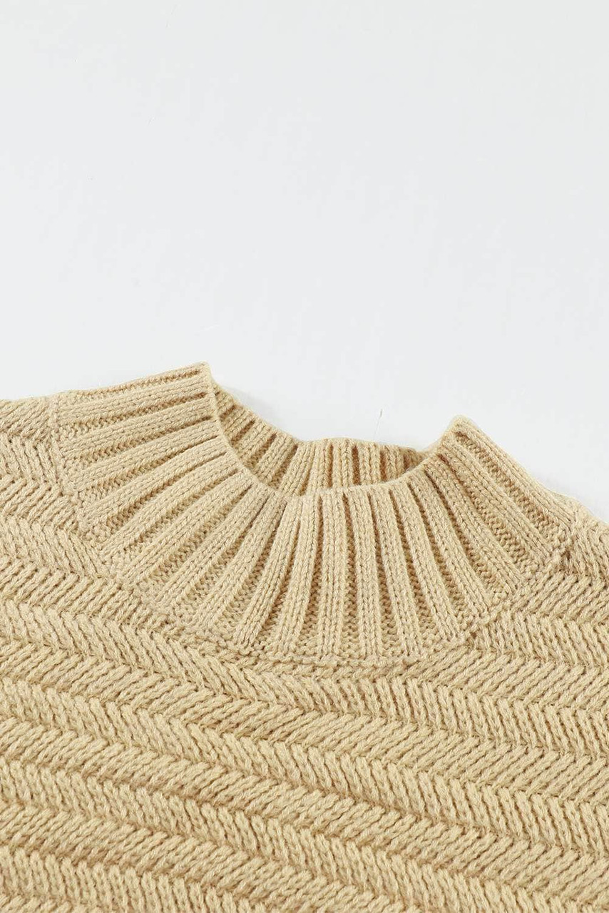 Khaki Solid Color Stand Collar Textured Sweater