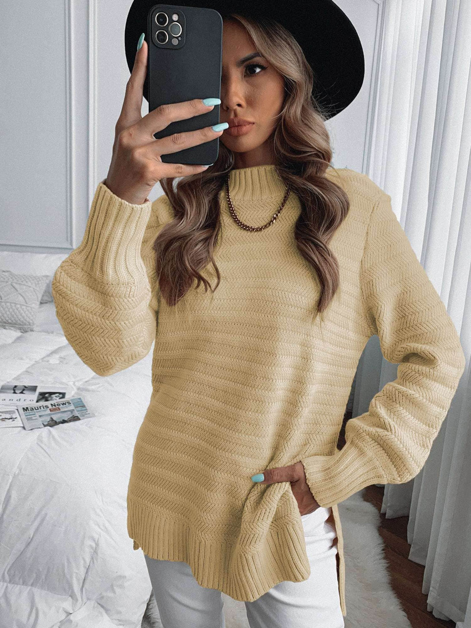 Khaki Solid Color Stand Collar Textured Sweater