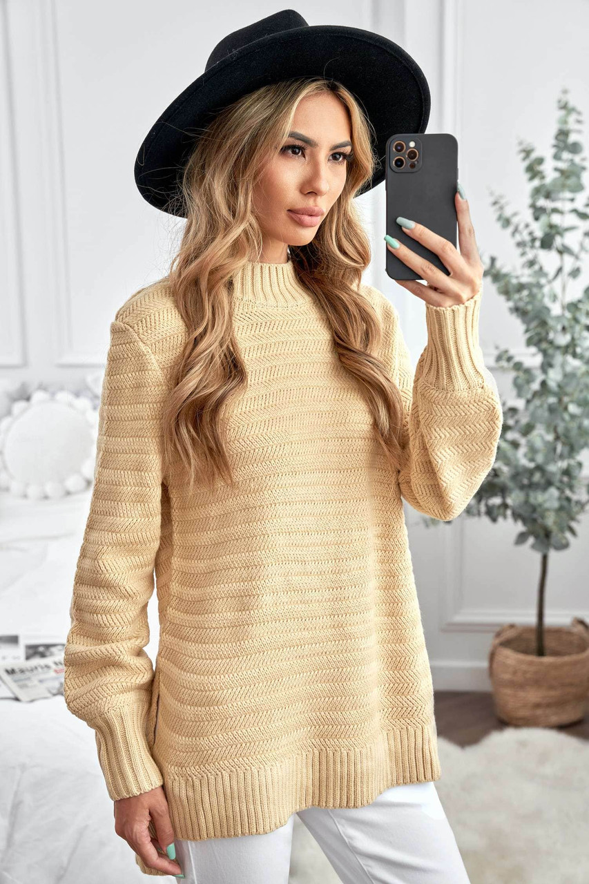 Khaki Solid Color Stand Collar Textured Sweater