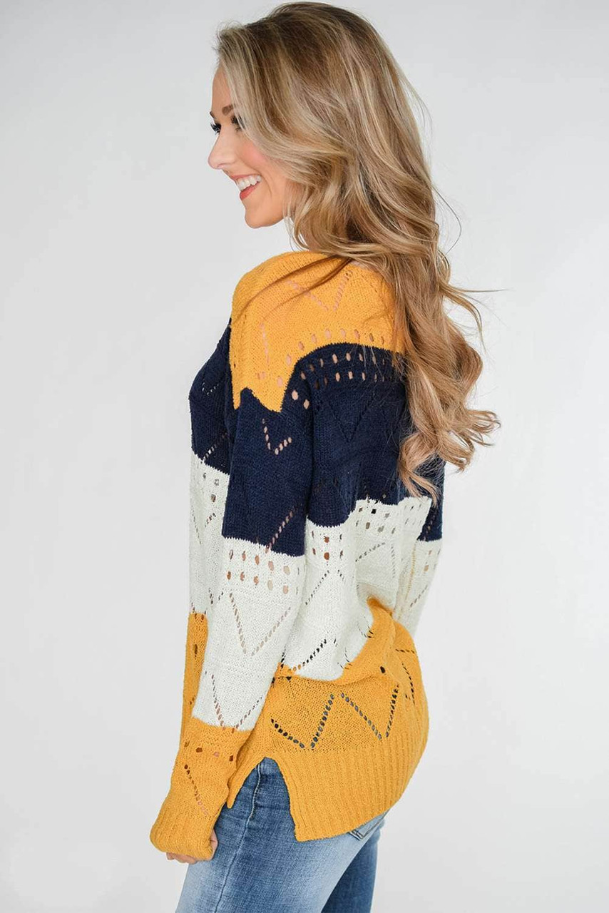 Yellow Round Neck Side Slit Pointelle Color Block Sweater