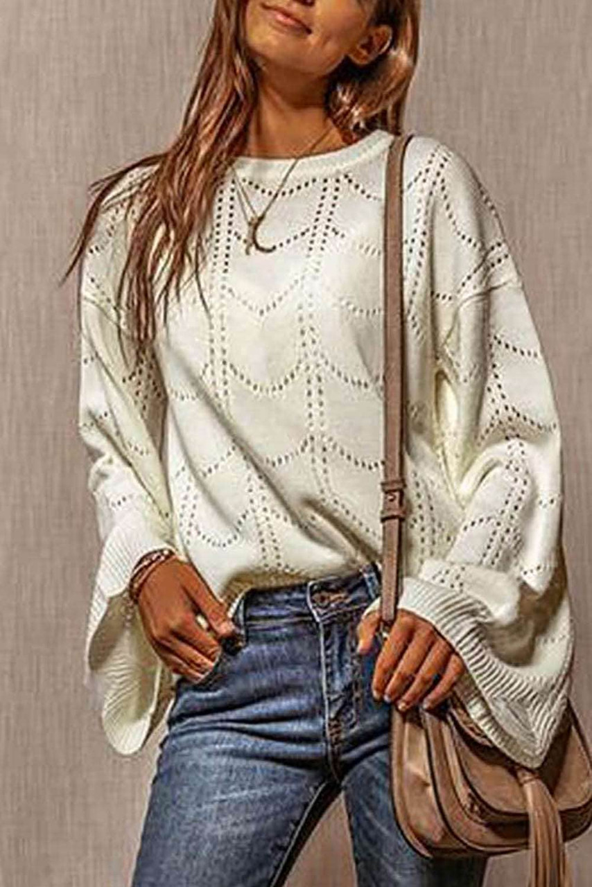 Beige Flare Sleeve Texture Knit Sweater