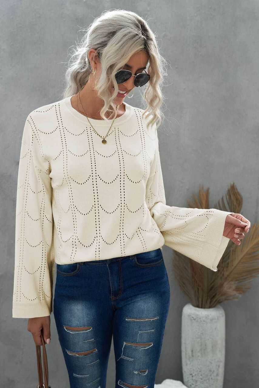 Beige Flare Sleeve Texture Knit Sweater