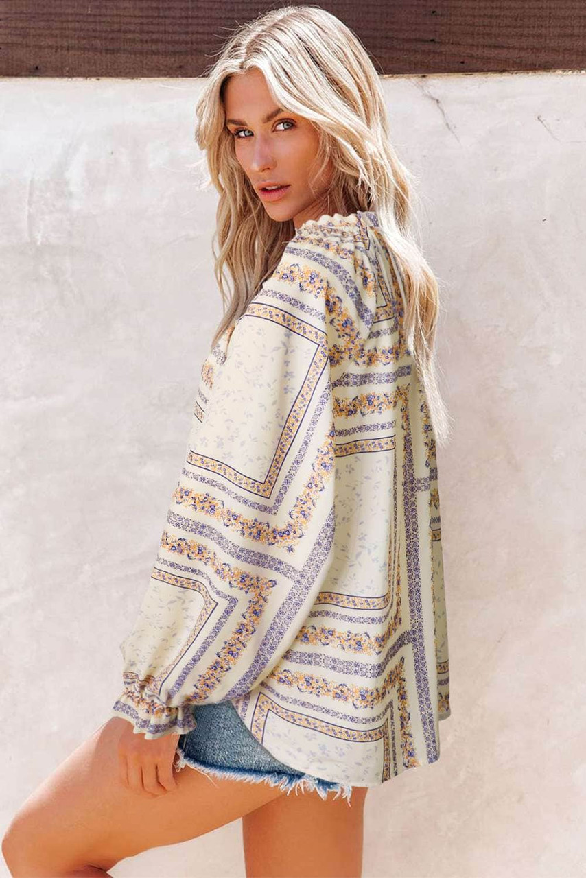 Beige V Neck Lantern Sleeve Drawstring Tribal Print Top