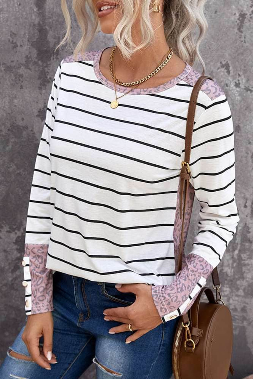 White Round Neck Leopard Splicing Sleeve Button Striped Top