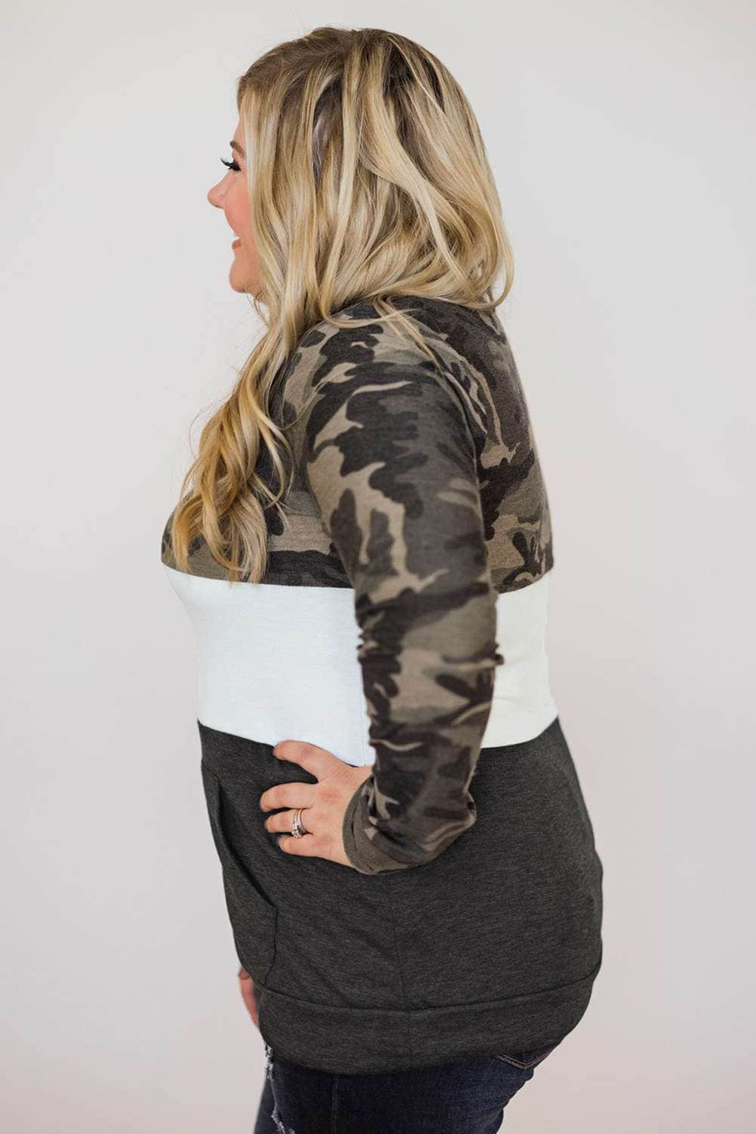 Plus Size Camo Color Block Pullover Top