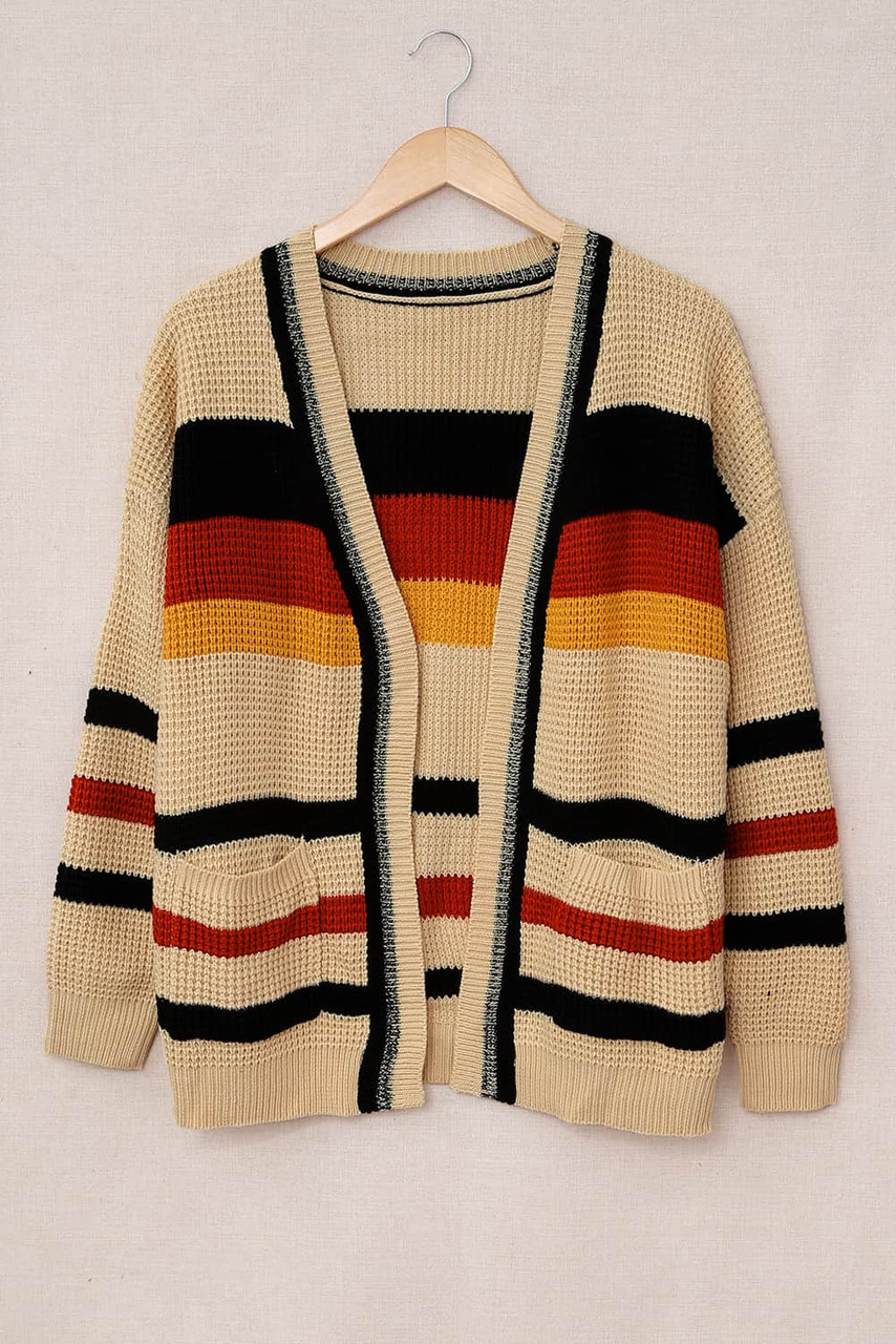 Color Block Open Front Pocket Knit Cardigan