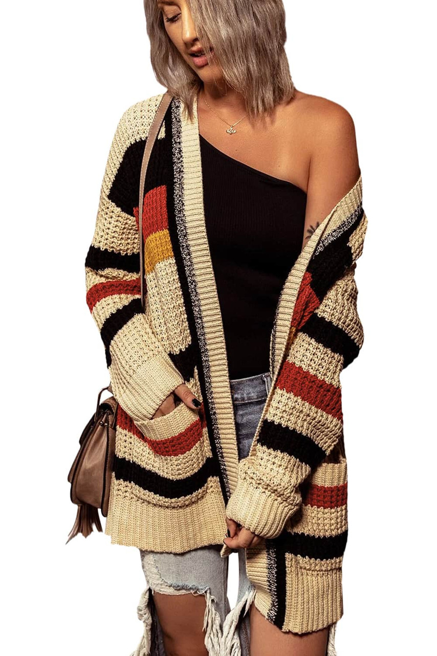 Color Block Open Front Pocket Knit Cardigan