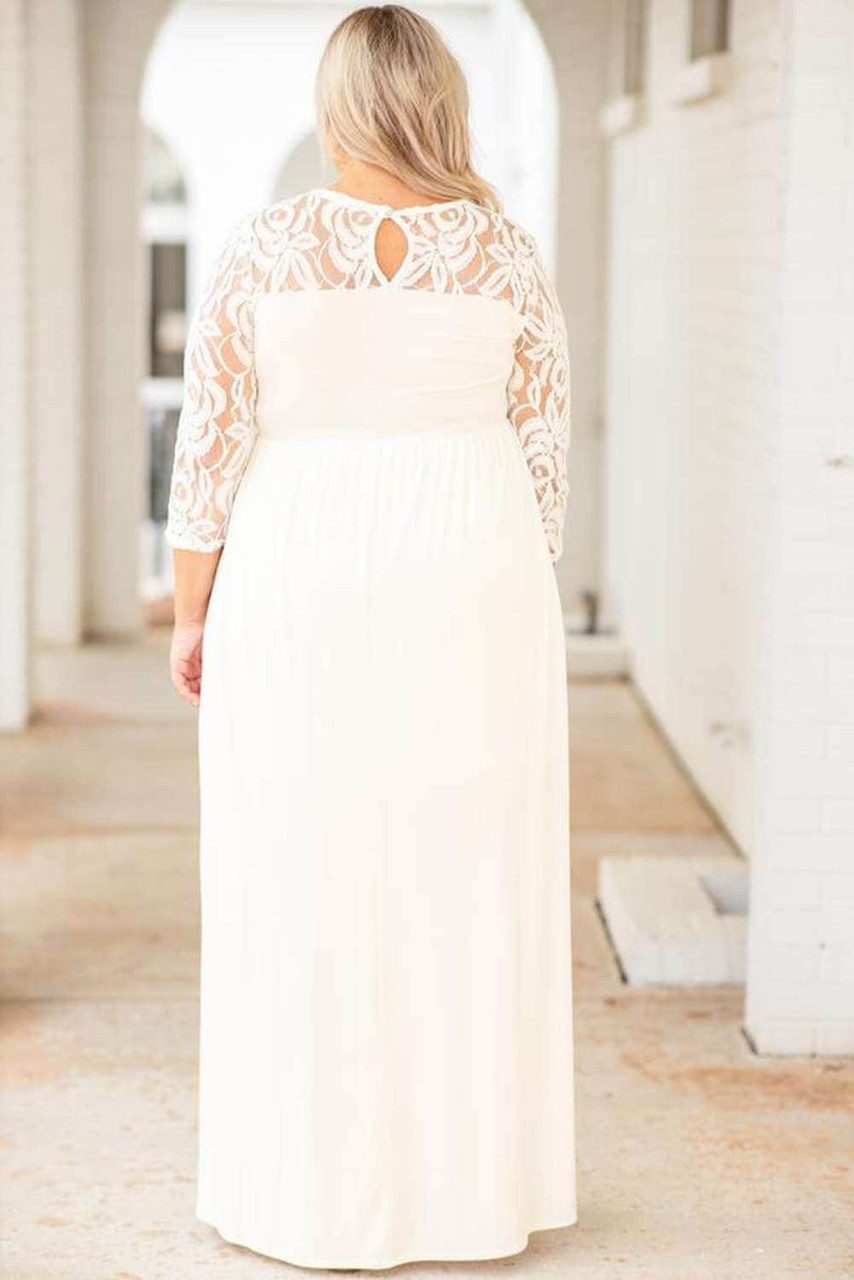 White Plus Size 3/4 Lace Sleeve Yoke Maxi Dress