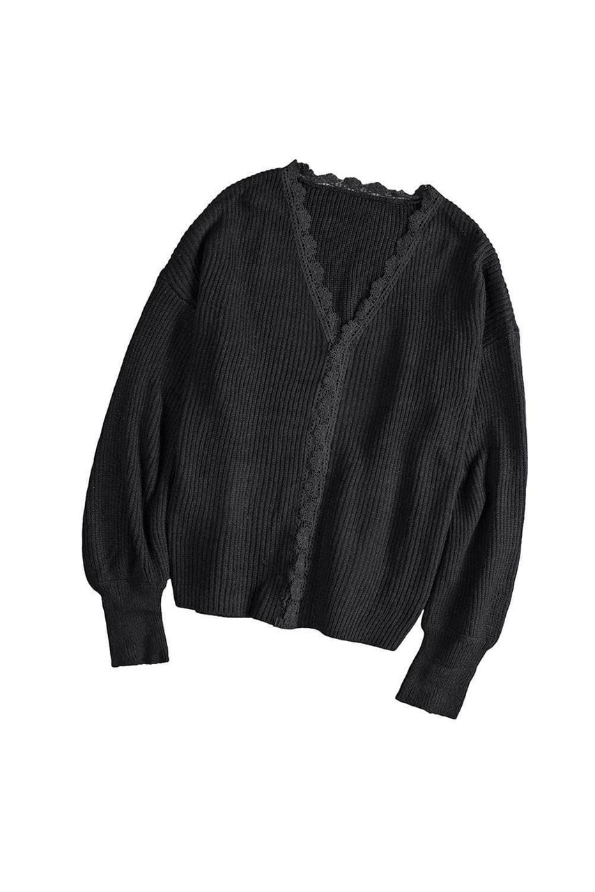 Black Lace V Neck Knitted Pullover Sweater