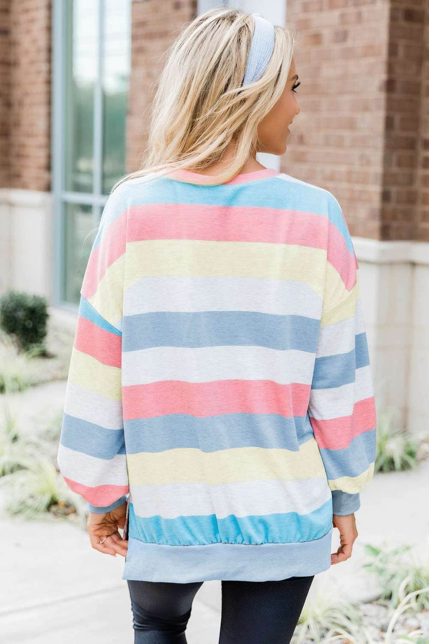 Orange Striped Colorblock Long Sleeve Pullover Sweatshirt