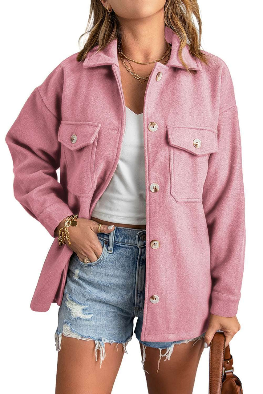 Pink Turn Down Collar Buttoned Baggy Coat with Pocket