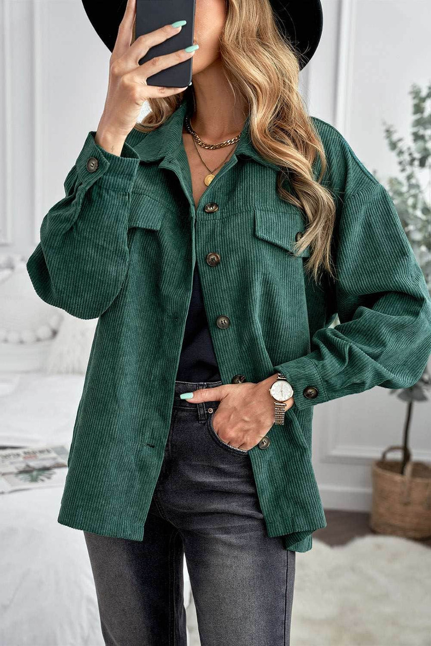 Green Corduroy Long Sleeve Button-up Shirt Coat