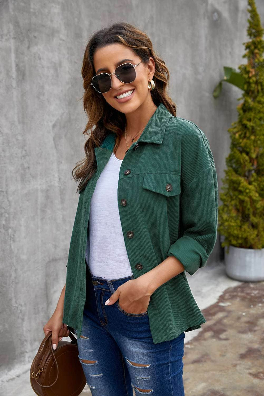 Green Corduroy Long Sleeve Button-up Shirt Coat