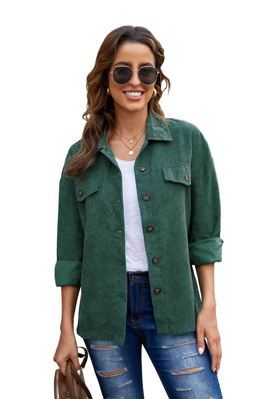 Green Corduroy Long Sleeve Button-up Shirt Coat