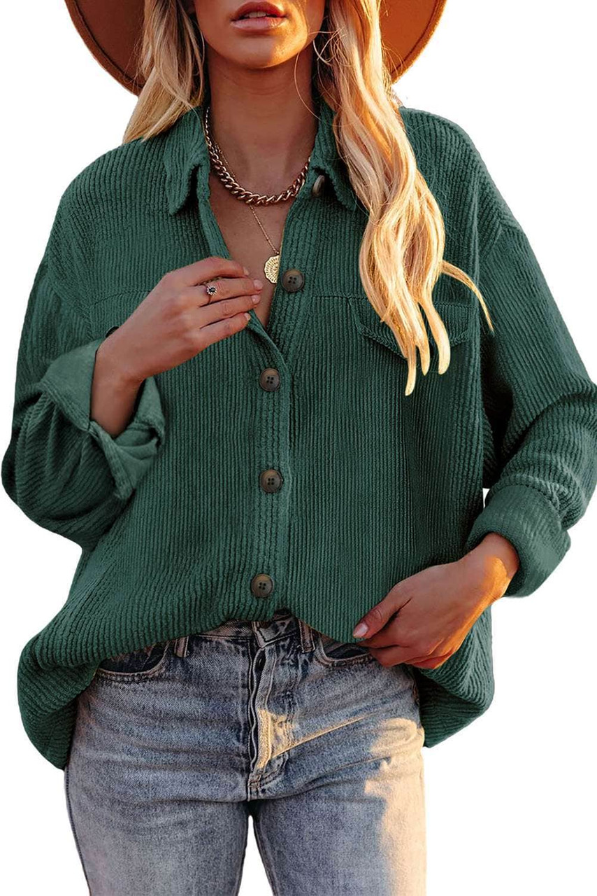 Green Corduroy Long Sleeve Button-up Shirt Coat