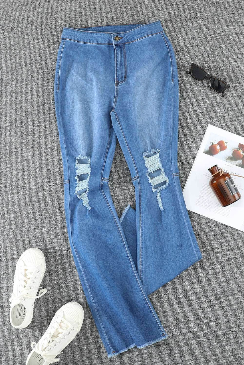 Sky Blue High Waist Raw Hem Button Ripped Flare Jeans Sky Blue High Waist Raw Hem Button Ripped Flare Jeans