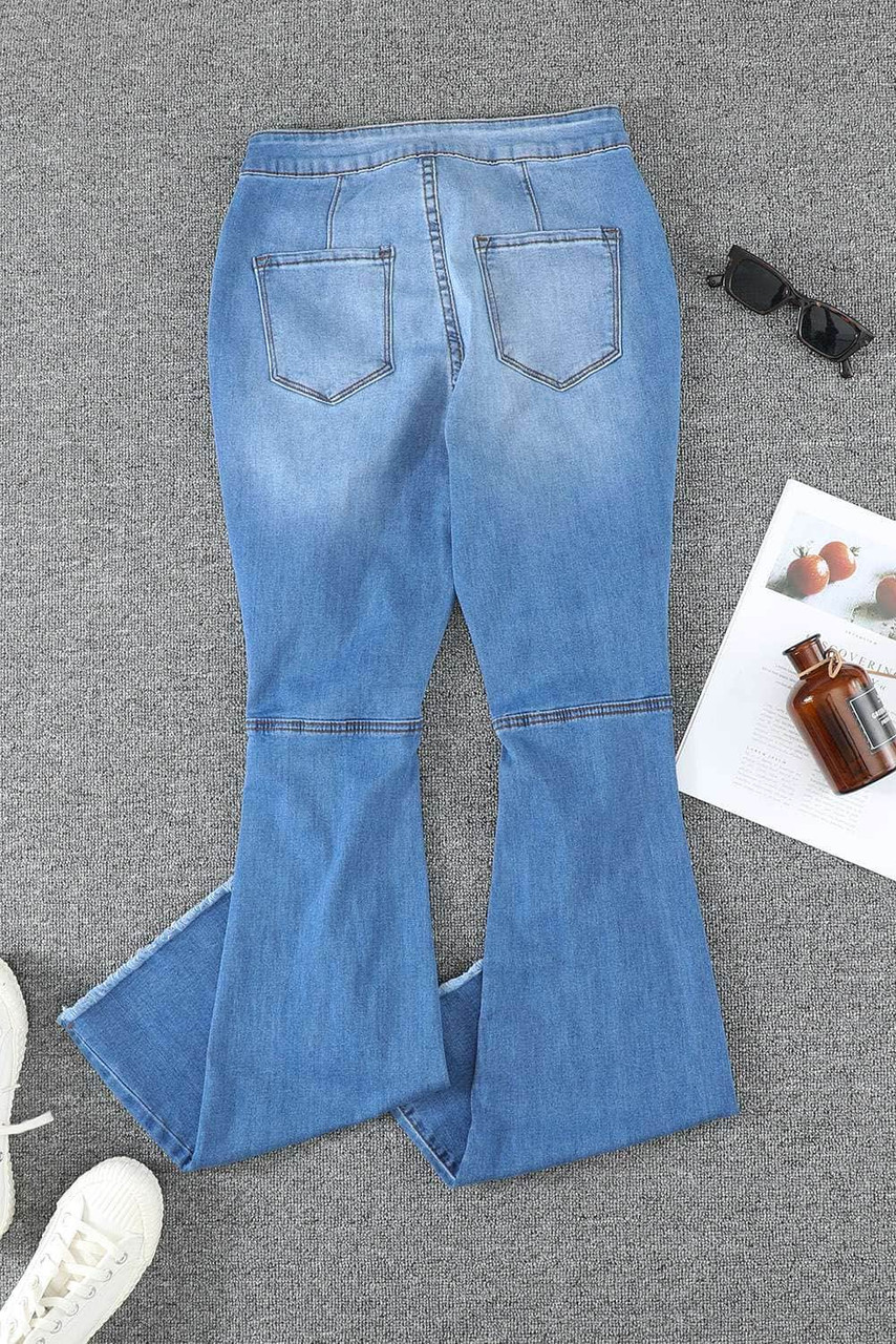 Sky Blue High Waist Raw Hem Button Ripped Flare Jeans