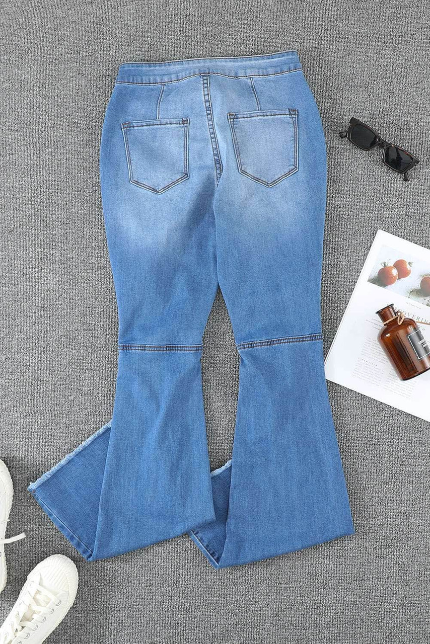 Sky Blue High Waist Raw Hem Button Ripped Flare Jeans Sky Blue High Waist Raw Hem Button Ripped Flare Jeans