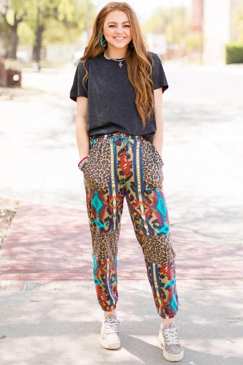 Aztec Leopard Patchwork High Waist Slim-fit Pants