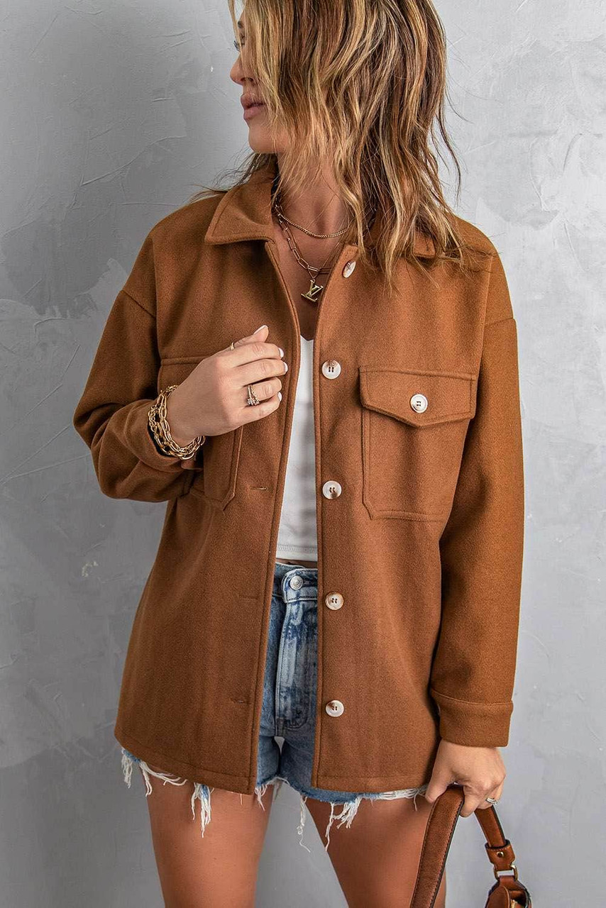 Brown Turn Down Collar Buttoned Baggy Coat with Pocket