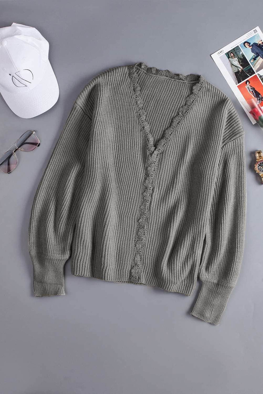 Gray Lace V Neck Knitted Pullover Sweater