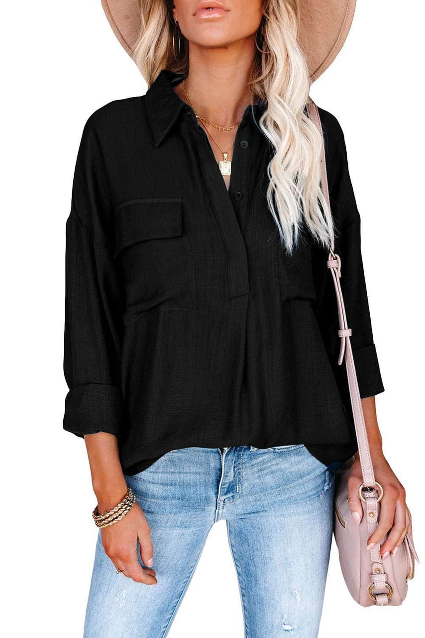 Black Buttoned Long Sleeve Shirt with Pocket