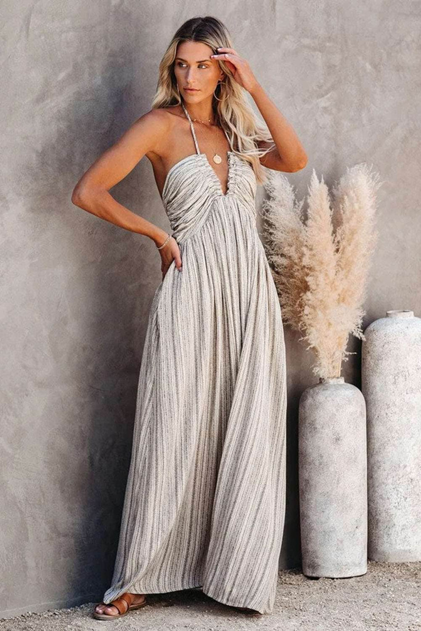 White Pocketed Printed Halter Backless Maxi Dress