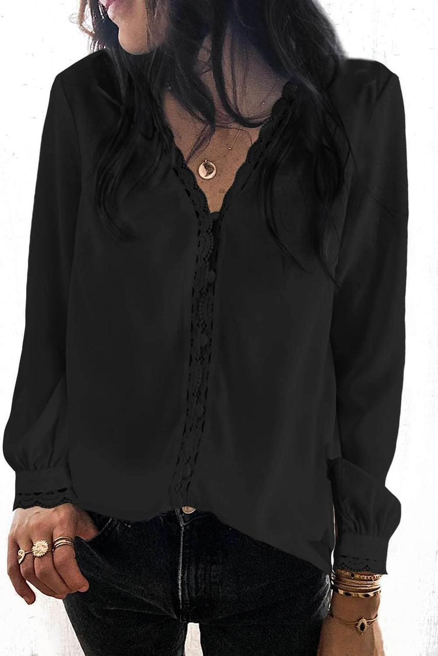 Black Lace Crochet Buttoned Long Sleeve Shirt