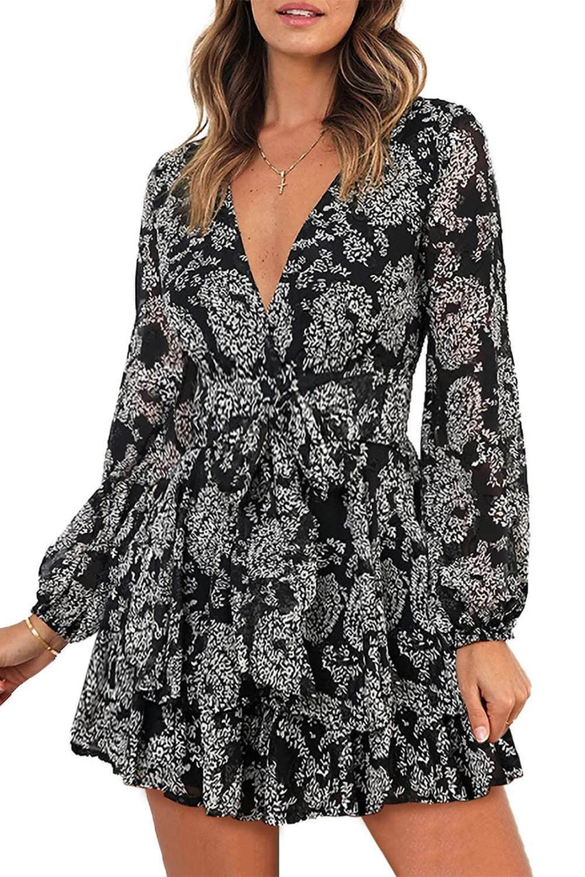 Black V Neck Baggy Sleeve Waist Tie Double Layer Ruffle Hem Floral Print Short Dress