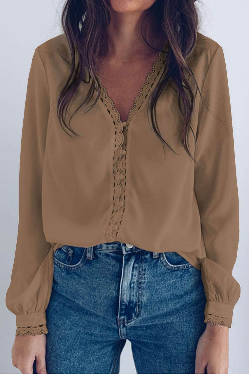 Brown Lace Crochet Buttoned Long Sleeve Shirt