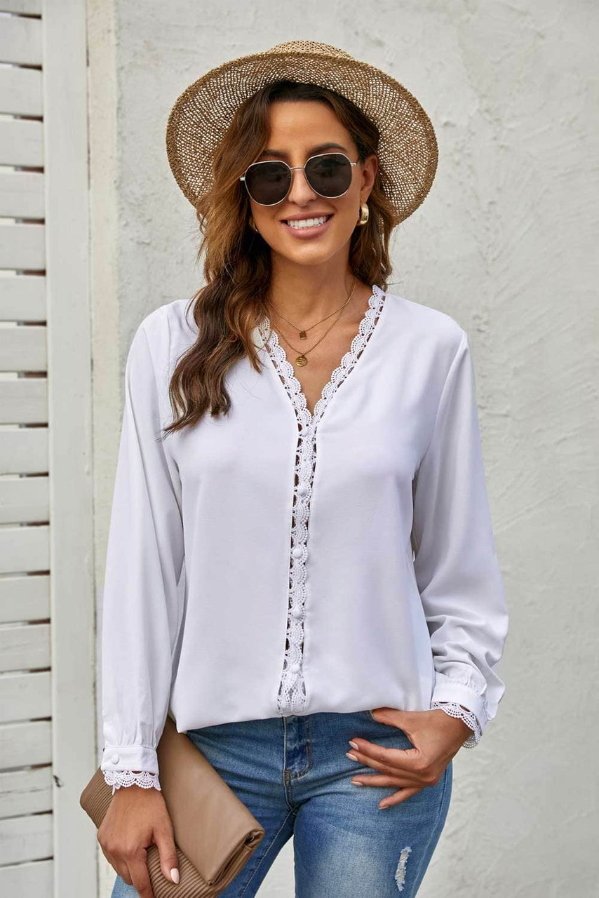 White Lace Crochet Buttoned Long Sleeve Shirt