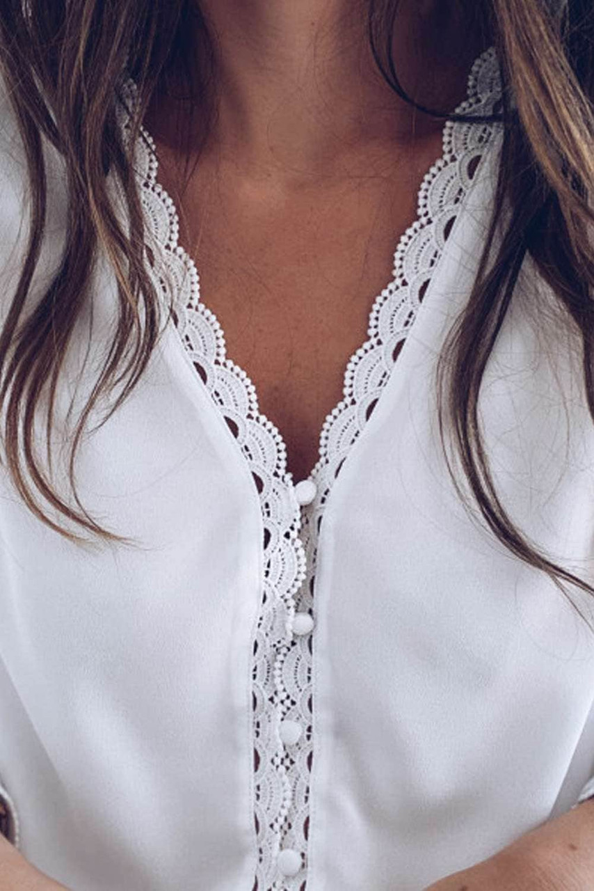 White Lace Crochet Buttoned Long Sleeve Shirt