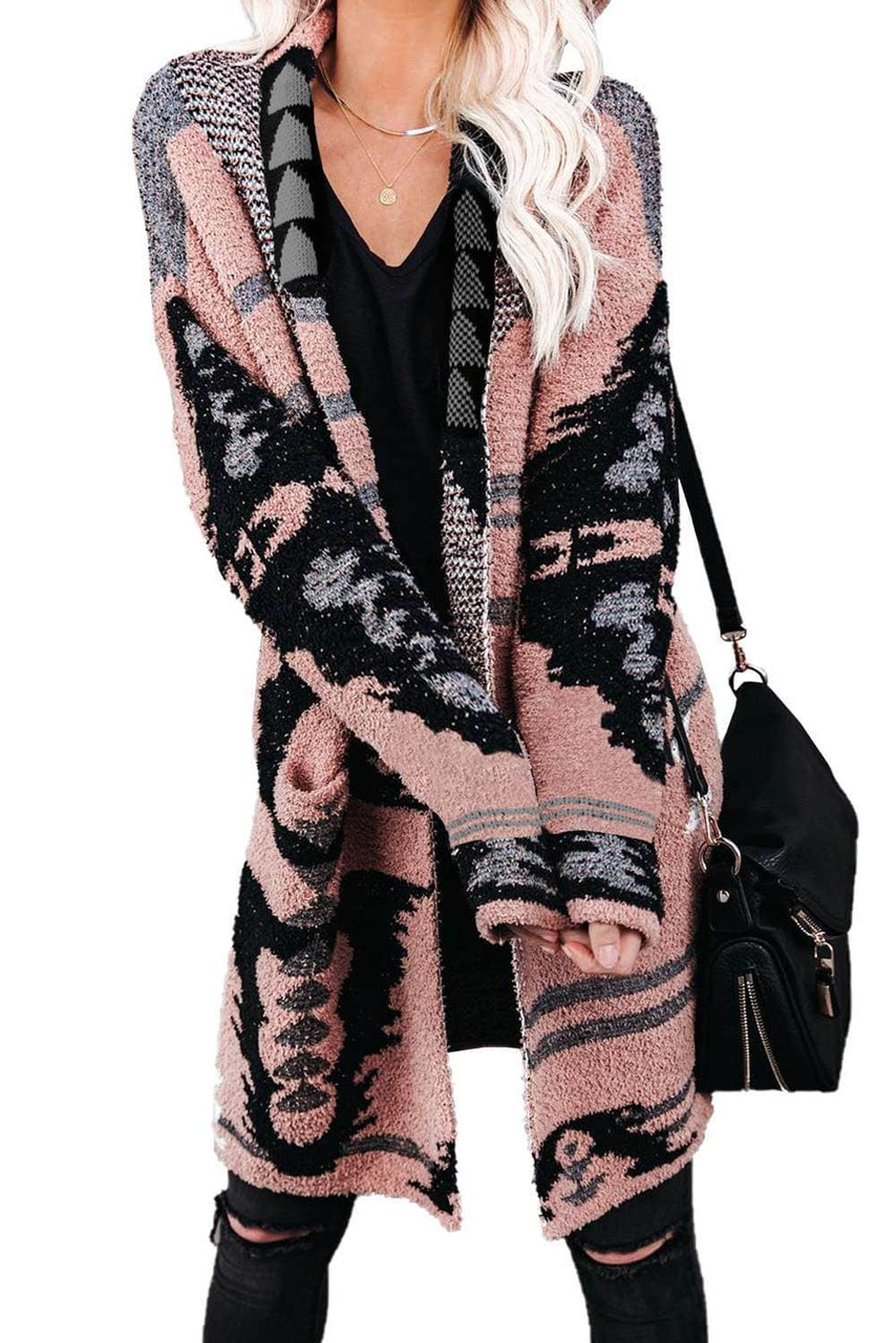 Pink Lapel Collar Geometric Print Knit Cardigan