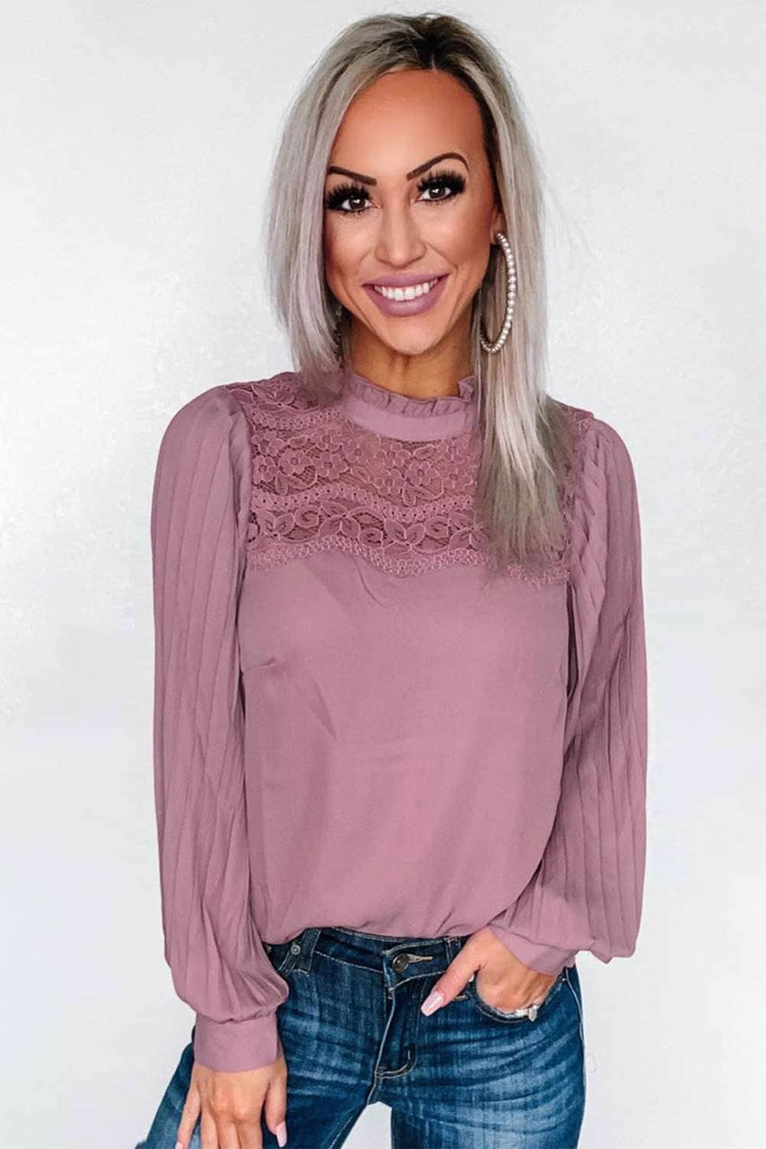 Ruffled Crewneck Lantern Sleeve Splicing Lace Blouse