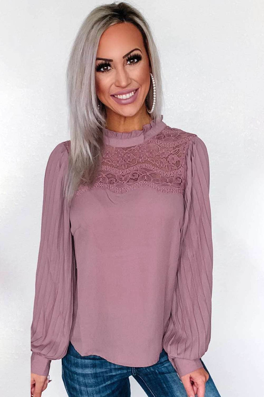 Ruffled Crewneck Lantern Sleeve Splicing Lace Blouse