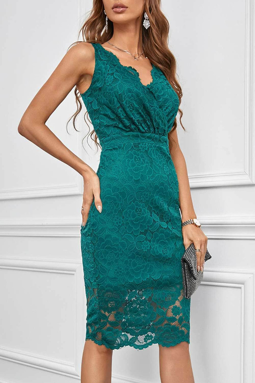 Green Lace Sleeveless Deep V Neck Bodycon Midi Dress