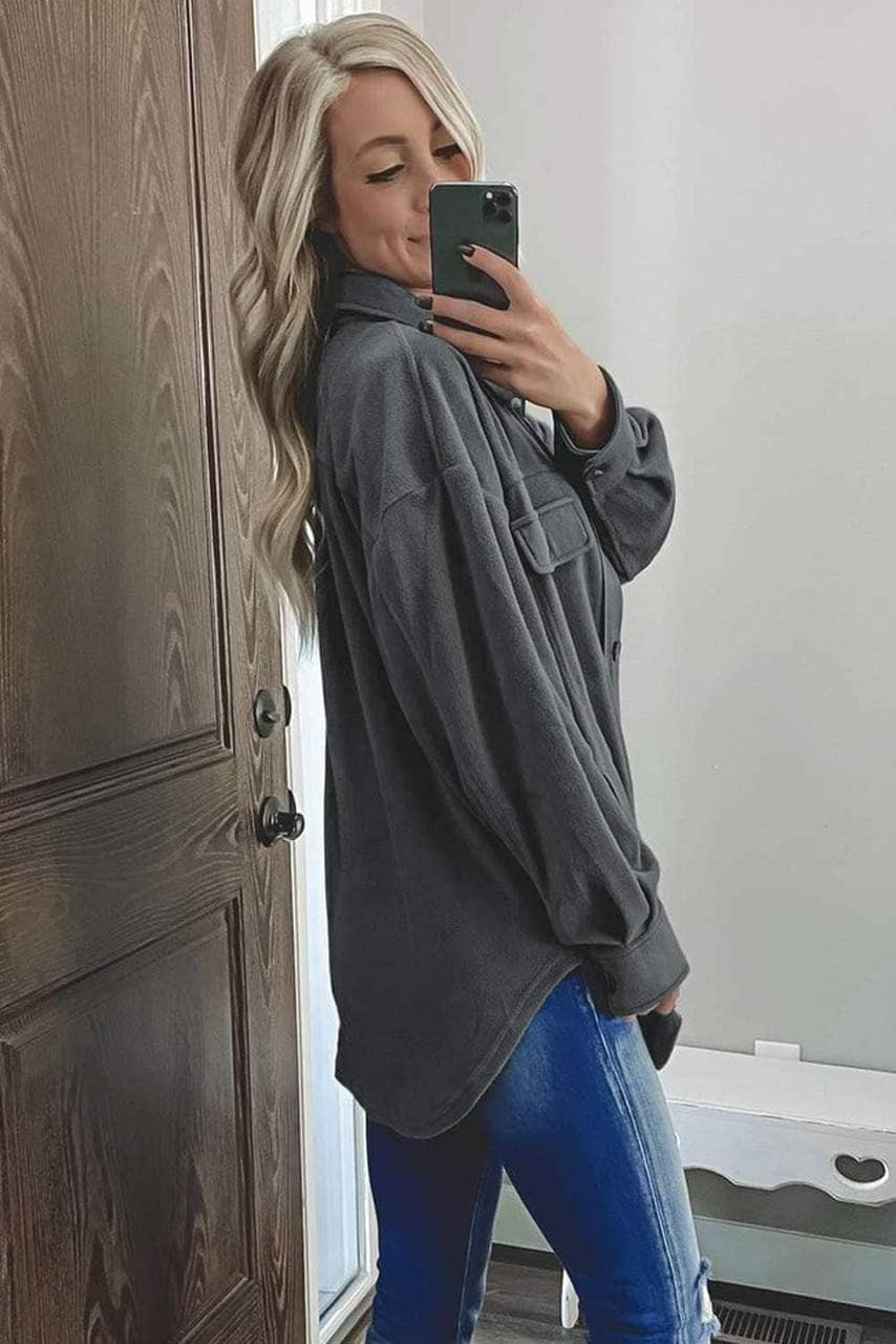 Gray Turn Down Collar Buttoned Shirt Jacket