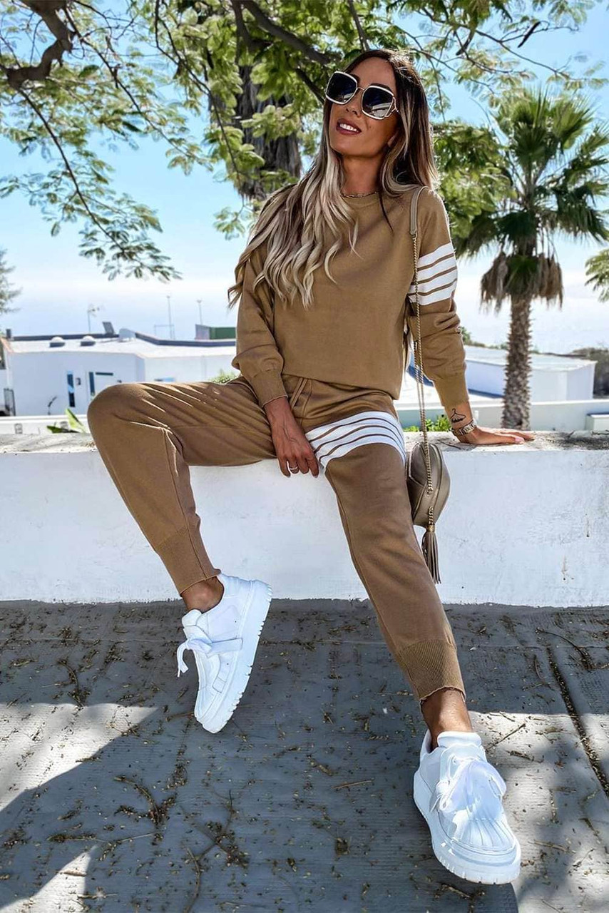 Brown Striped Long Sleeve Top and Sweatpants Set