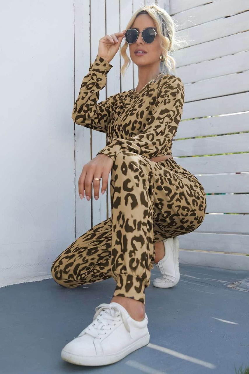 Leopard Print Long Sleeve Top and Drawstring Pants Set