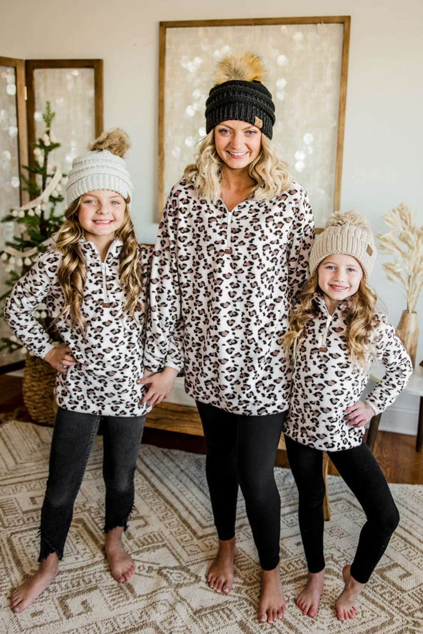 White Family Matching Mom's Leopard Quarter Zip Fleece Sweatshirt