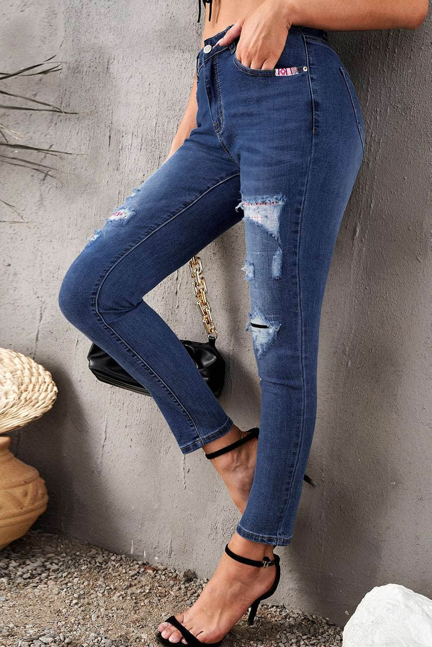 Aztec Patch Ripped Slim-fit Jeans