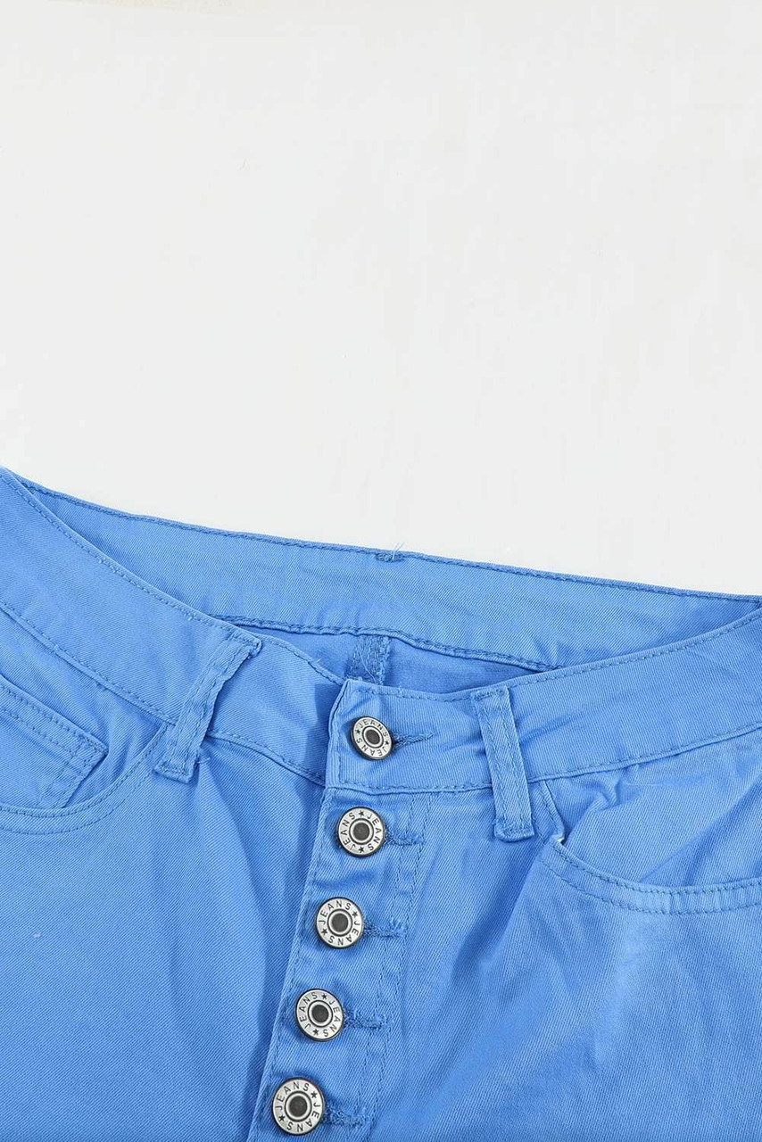 Sky Blue Plain High Waist Buttons Frayed Cropped Denim Jeans