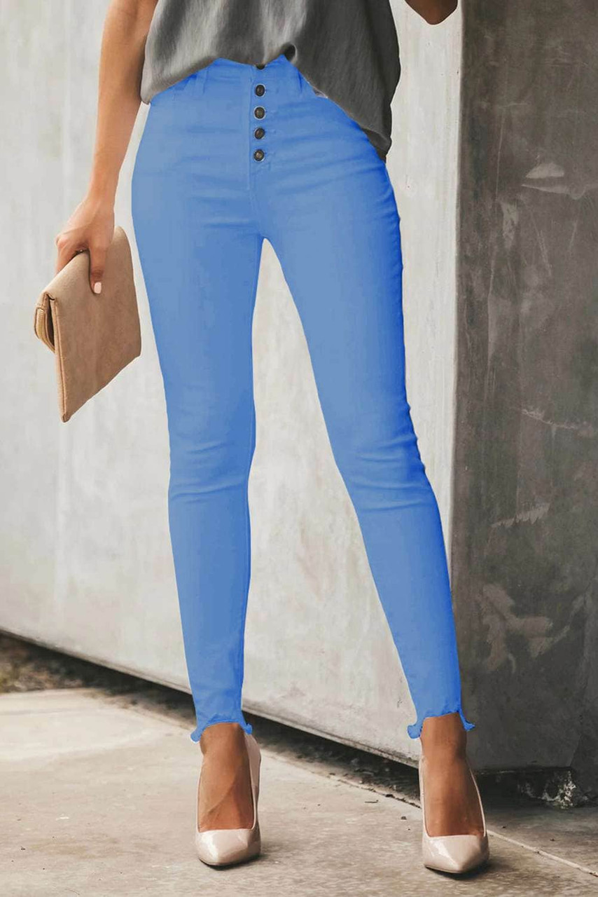 Sky Blue Plain High Waist Buttons Frayed Cropped Denim Jeans