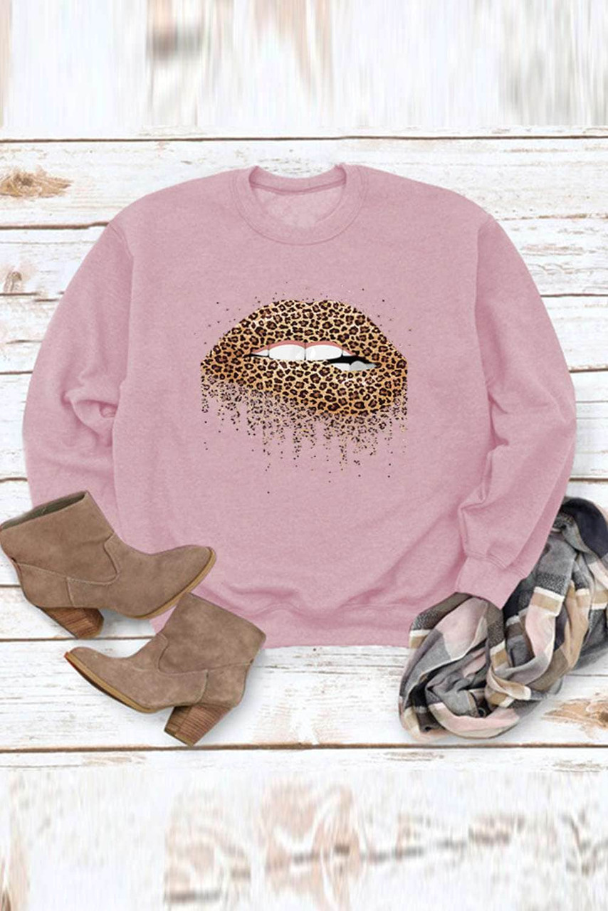 Pink Crew Neck Leopard Lips Graphic Sweatshirt