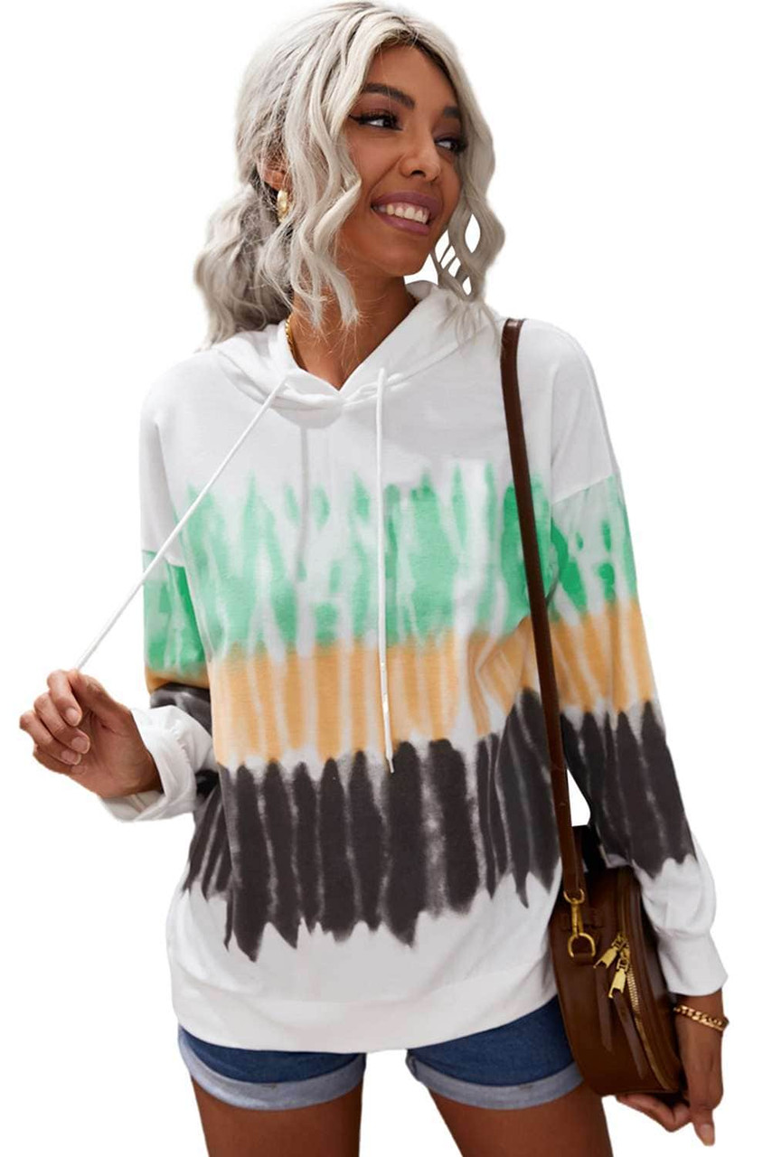 Green Colorblock Tie-dye Drawstring Pullover Hoodie