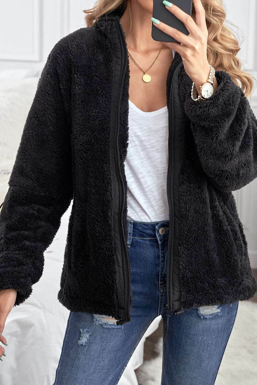 Black Zip Up Sherpa Coat with Pocket Black Zip Up Sherpa Coat with Pocket