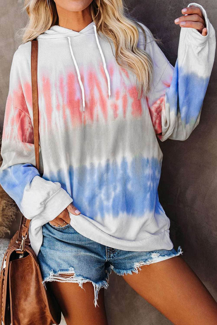 Sky Blue Colorblock Tie-dye Drawstring Pullover Hoodie