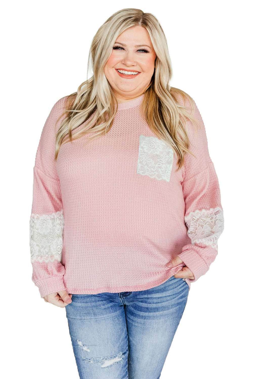 Pink Lace Patchwork Waffle Knit Plus Size Blouse