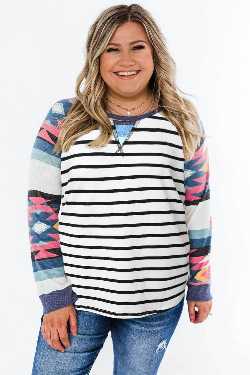 Aztec Sleeve Striped Raglan Plus Size Top